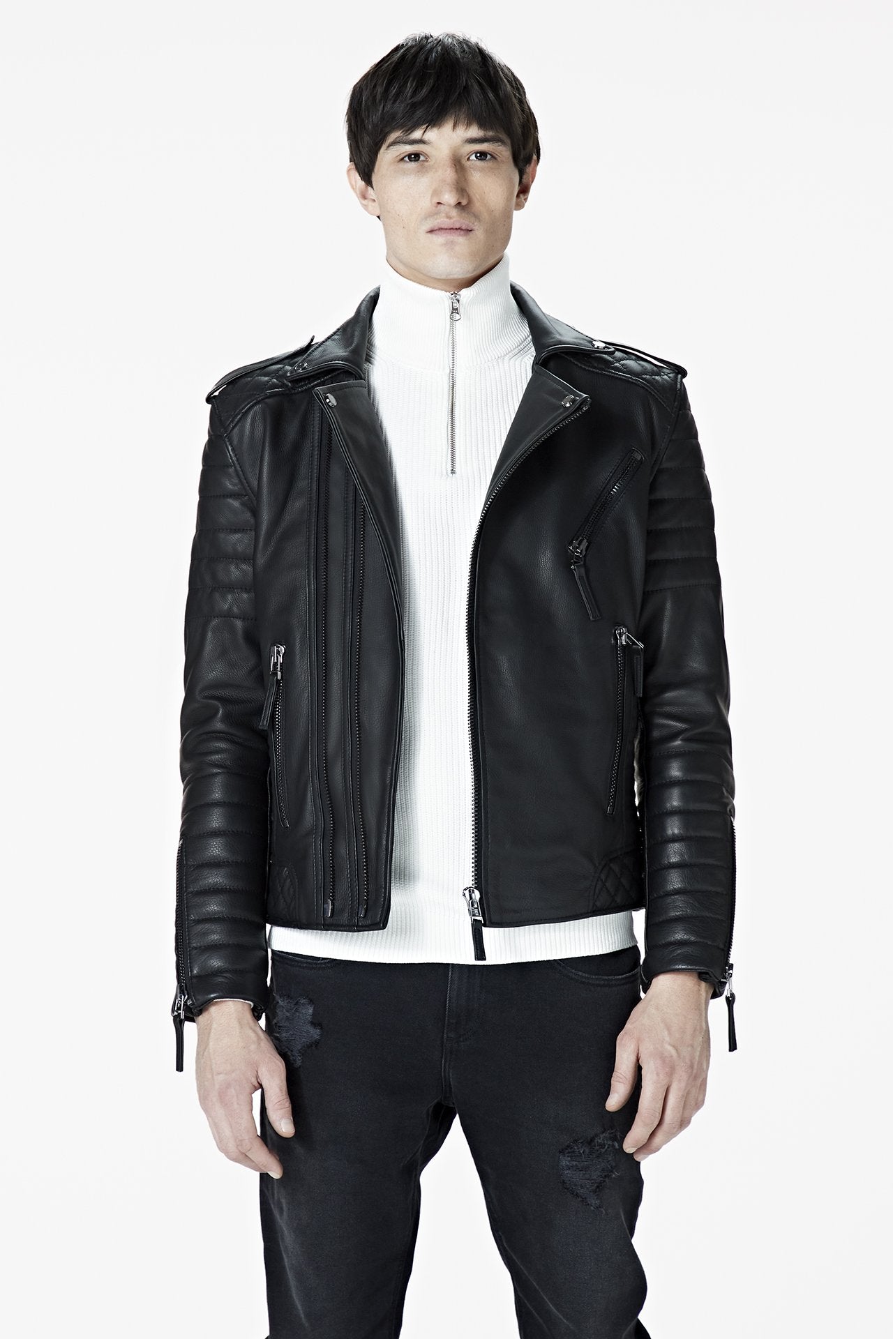 A male model wearing our Men's Black Leather Biker Jacket - Kay Michaels: biker protection from the BODA SKINS biker collection. Close up Front facing.