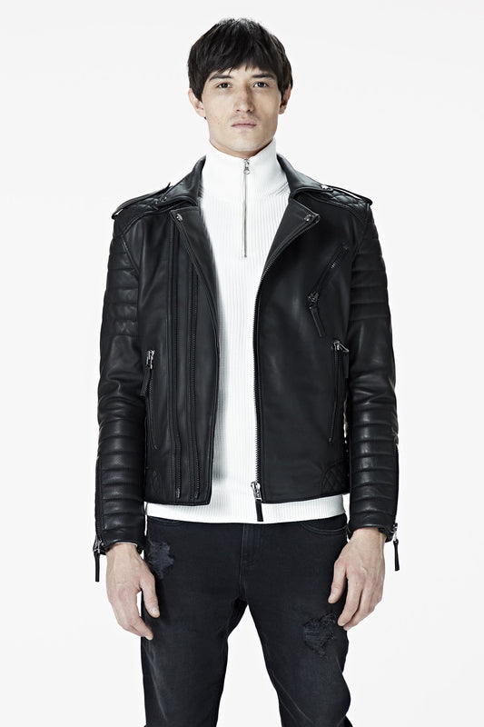 A male model wearing our Men's Black Leather Biker Jacket - Kay Michaels: biker protection from the BODA SKINS biker collection. Close up Front facing.