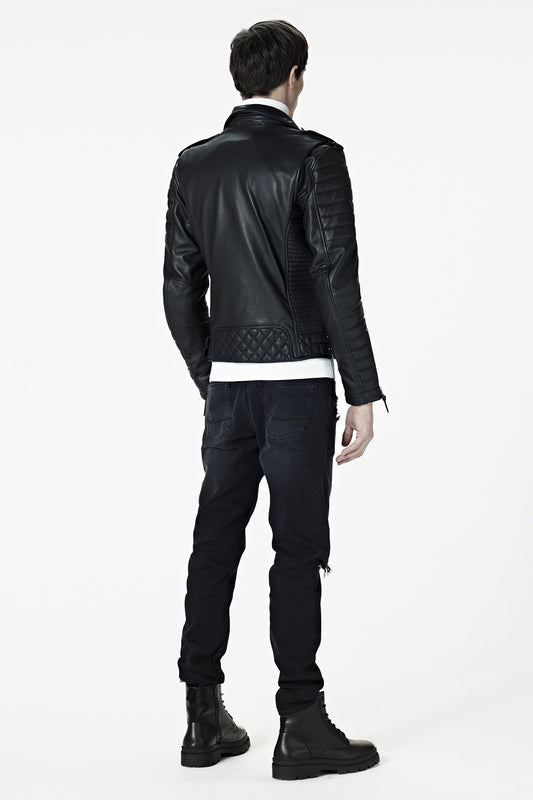 A male model wearing our Men's Black Leather Biker Jacket - Kay Michaels: biker protection from the BODA SKINS biker collection. backwards facing.